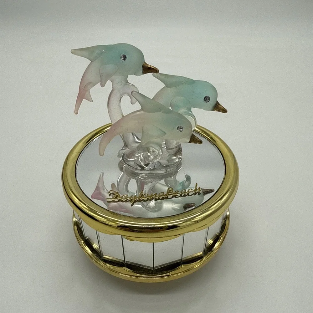 Vintage Glass Dolphin's Music Box Frosted Glass Plays 